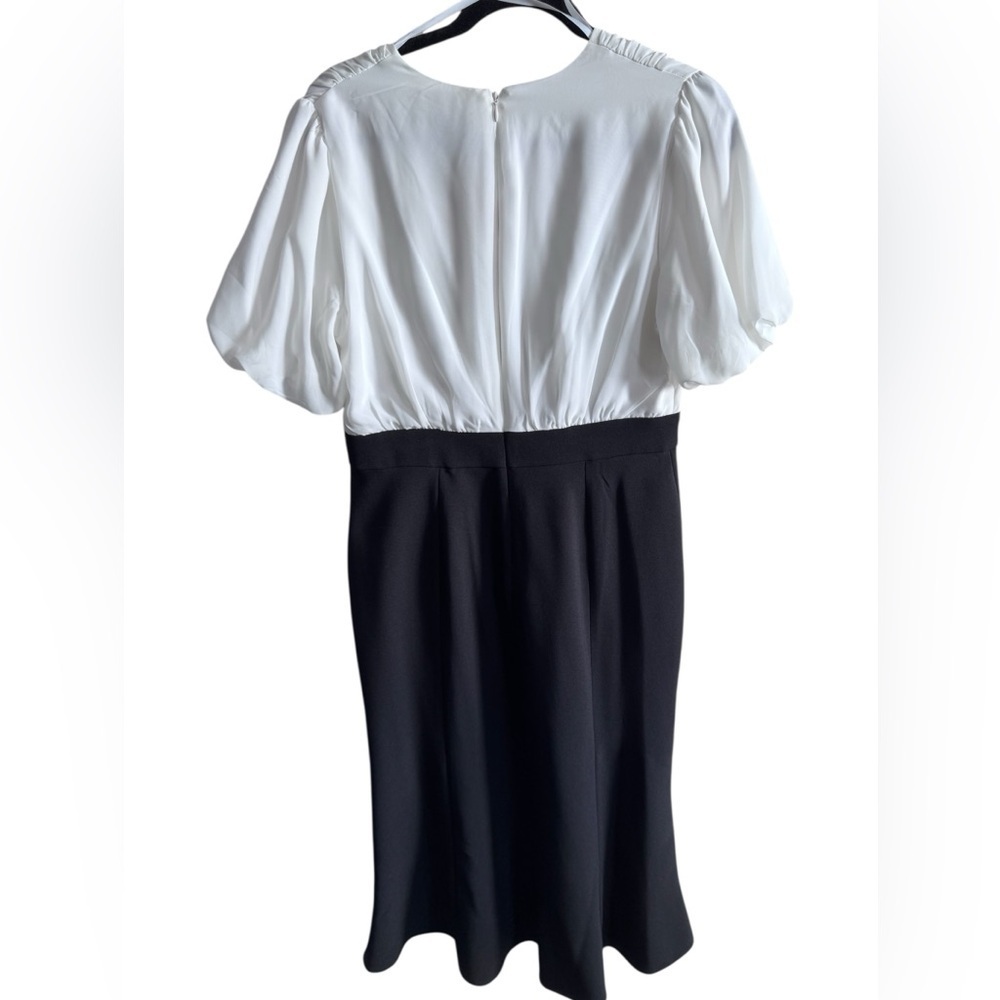Maggy London Ivory Black Faux Wrap Puff Sleeve Midi Dress NWT Size 8 - Picture 2 of 5